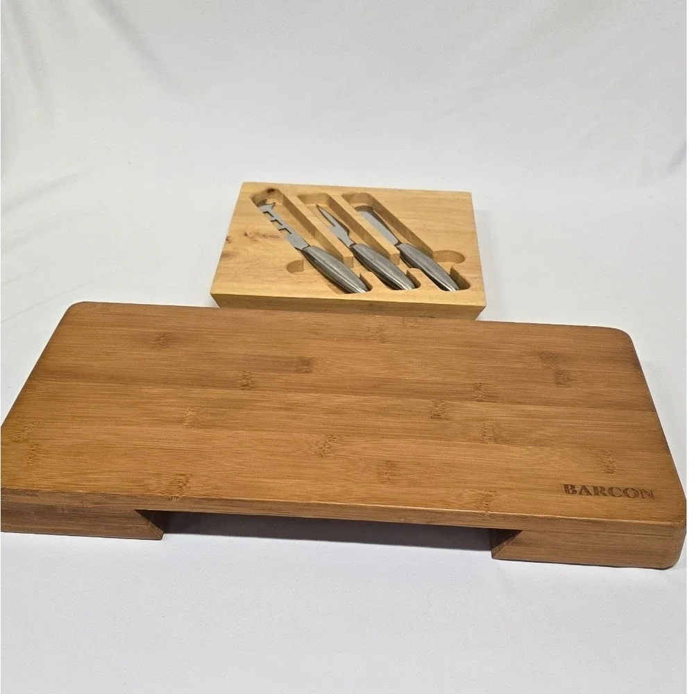 Barcon Bamboo Cheese Board Charcuterie Set with Slide Out Drawer and 3 Tools